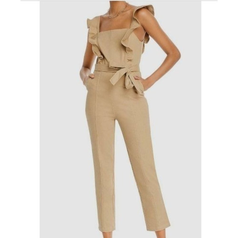 Aqua Women Beige Stretch Square Neck Back-Zip Ruffle Jumpsuit no belt XS $198